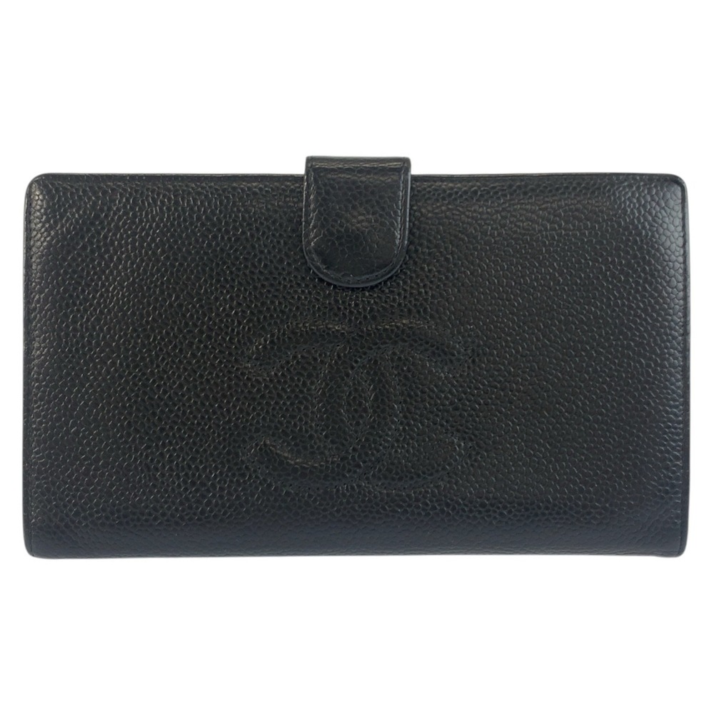 CHANEL Coco Mark Black Leather Long Wallet with Gold Hardware for Women